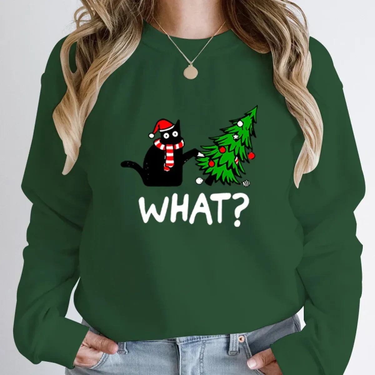 "What?" Black Cat Christmas Tree Sweatshirt