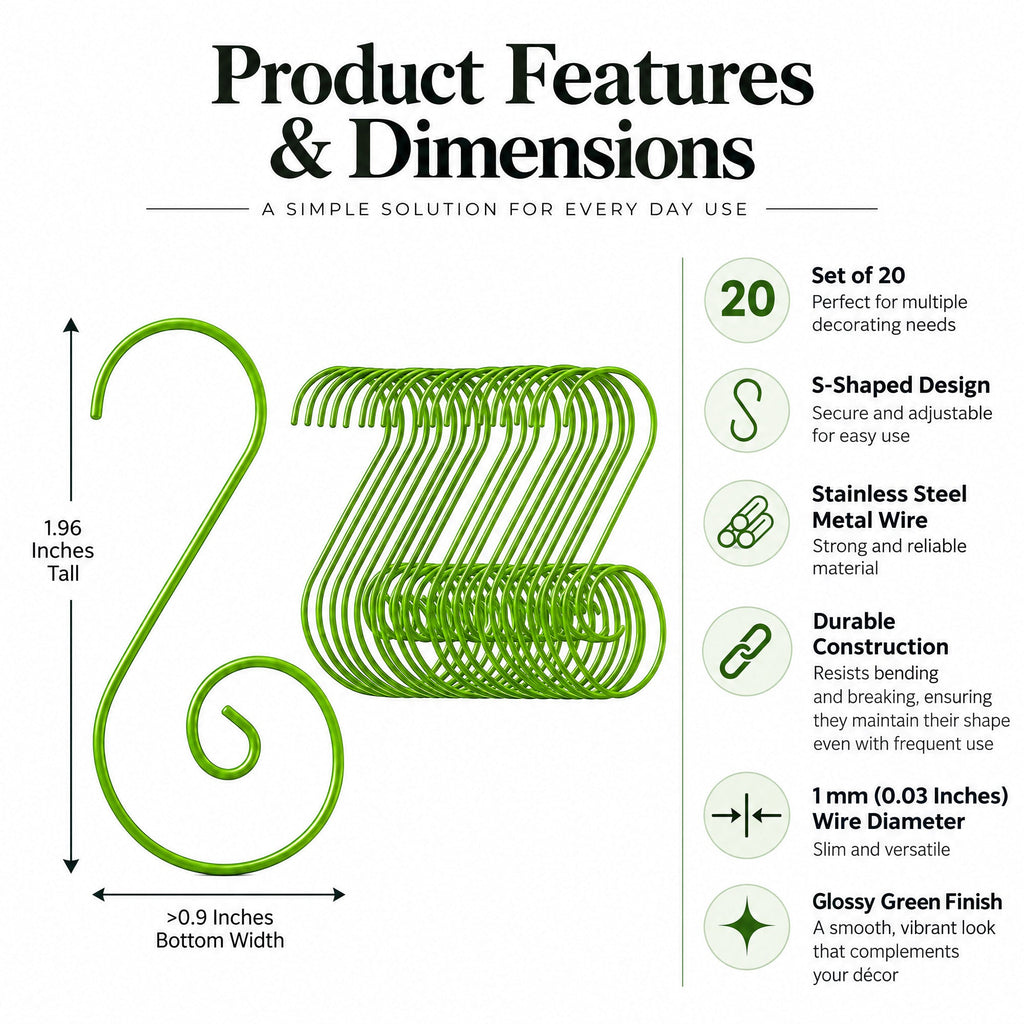 Set of 20 Green Metal Wire Spiral Christmas Ornaments Hooks Hangers S-Shaped 1.96 Inches
