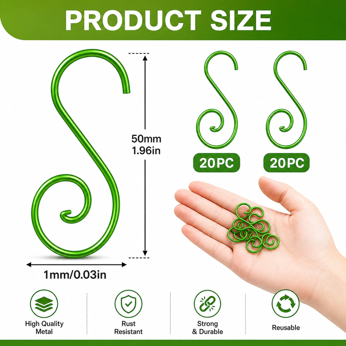 Set of 20 Green Metal Wire Spiral Christmas Ornaments Hooks Hangers S-Shaped 1.96 Inches