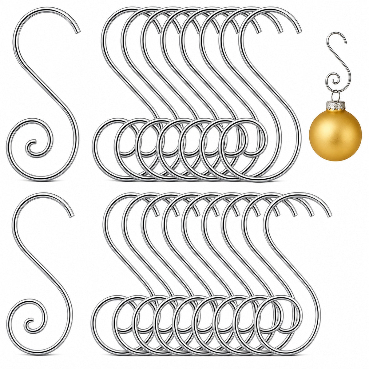 Set of 20 Silver Metal Wire Spiral Christmas Ornaments Hooks Hangers S-Shaped 1.96 Inches