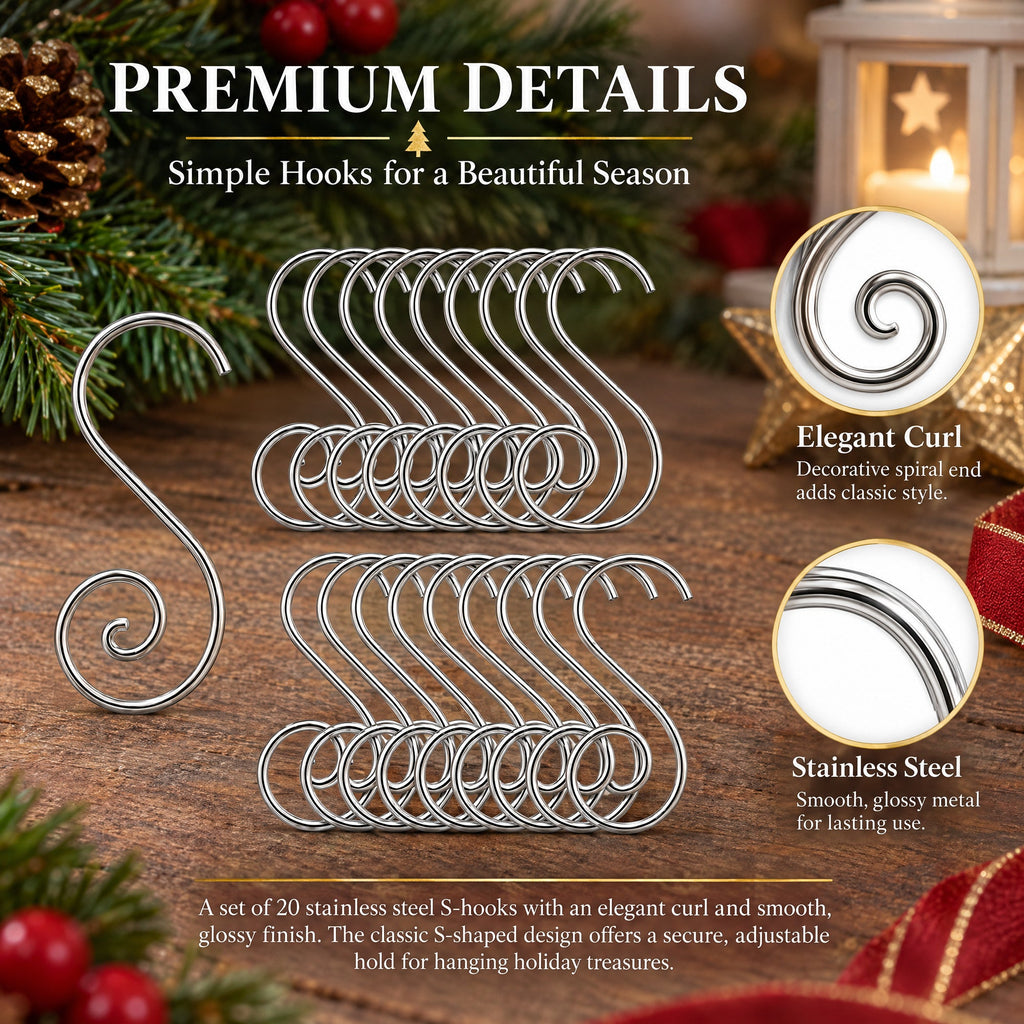 Set of 20 Silver Metal Wire Spiral Christmas Ornaments Hooks Hangers S-Shaped 1.96 Inches