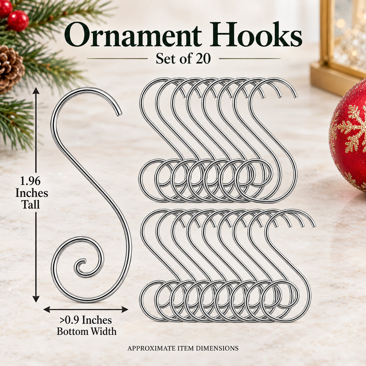 Set of 20 Silver Metal Wire Spiral Christmas Ornaments Hooks Hangers S-Shaped 1.96 Inches