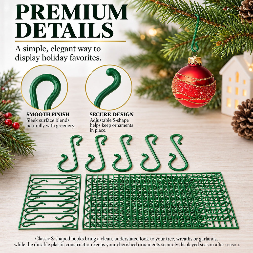 Set of 60 Green Plastic Christmas Ornaments Hooks Hangers 1.8 Inches