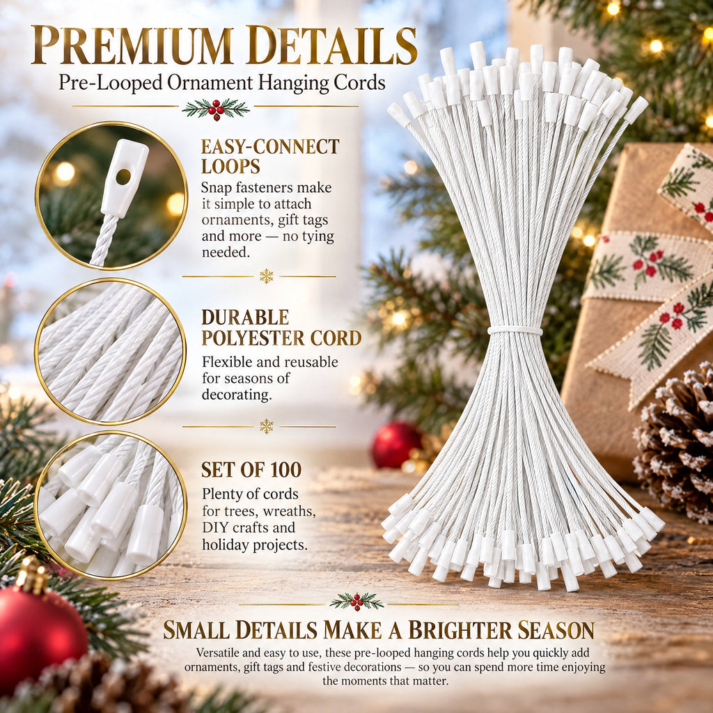 Set of 100 White Christmas Ornaments Cords Strings Hangers 7.9 Inches