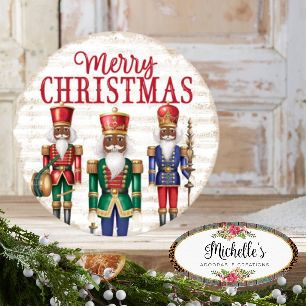 12" Metal Round Sign: Dark Nutcracker Merry Christmas