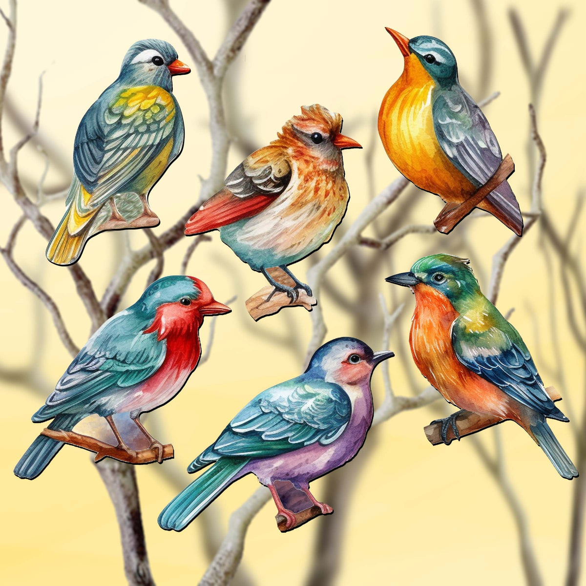 Forest birds Clip-On Eco Wood Decorative Ornaments Set of 6 by G. Debrekht - Christmas Decor - 8090015C-S6