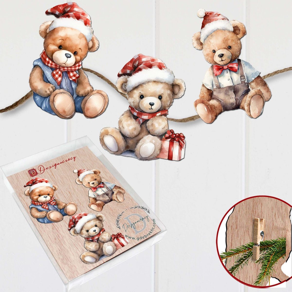 Christmas Teddy Bear Clip-On Eco Wood Decorative Ornaments Set of 3 by G. Debrekht - Christmas Decor - 8091011C-S3