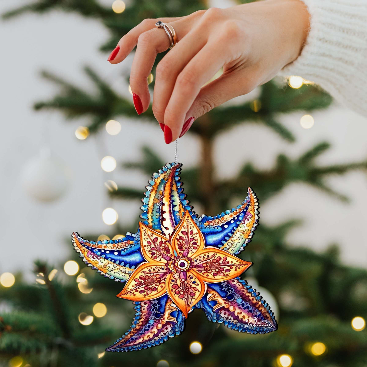 Nautical Christmas Ornaments - Mosaic Starfish Wooden Ornaments by G.Debrekht Coastal Holiday Decor - 8688180