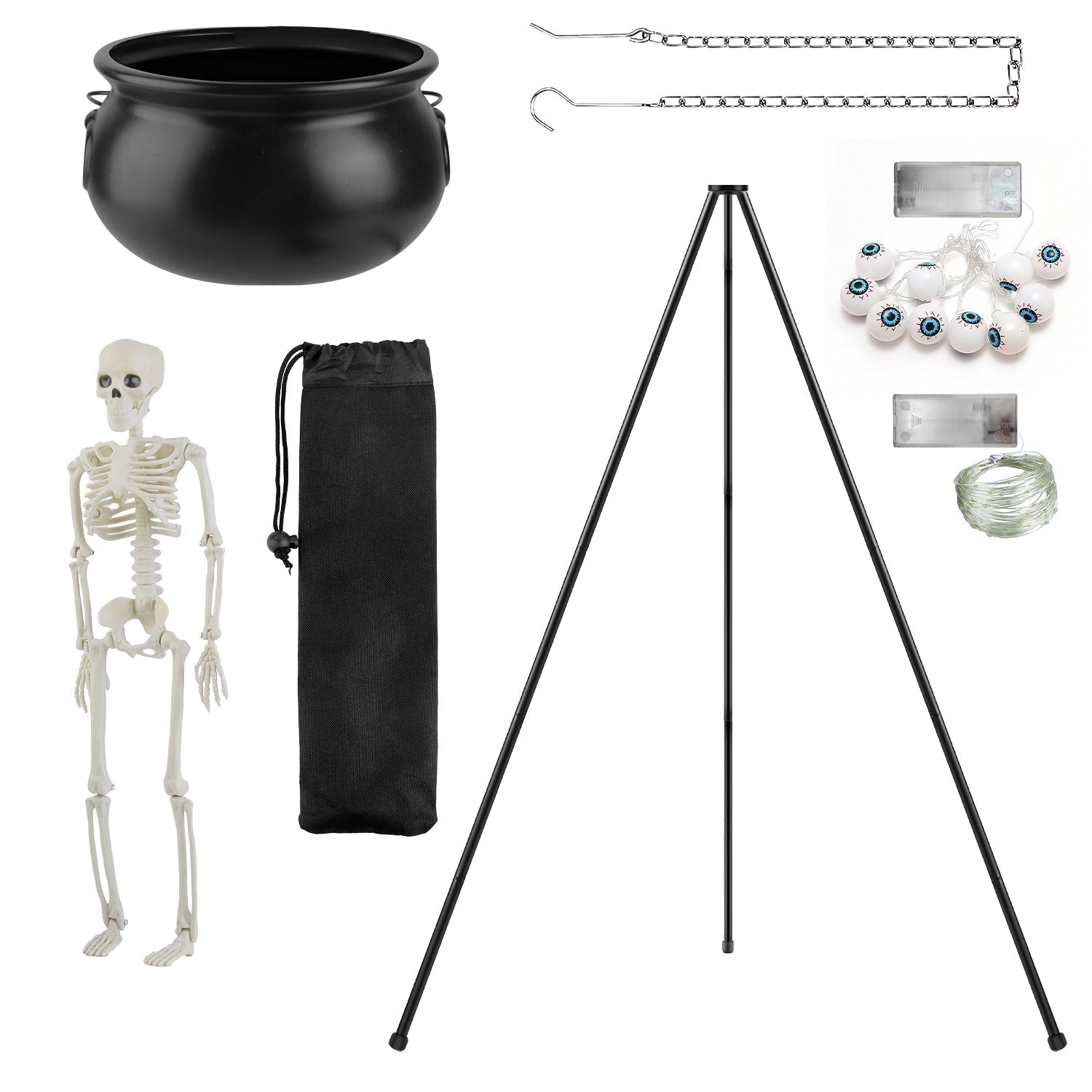 Halloween Witch Cauldron with 56.5" Tripod & Eyeball String Lights for Outdoor Decor