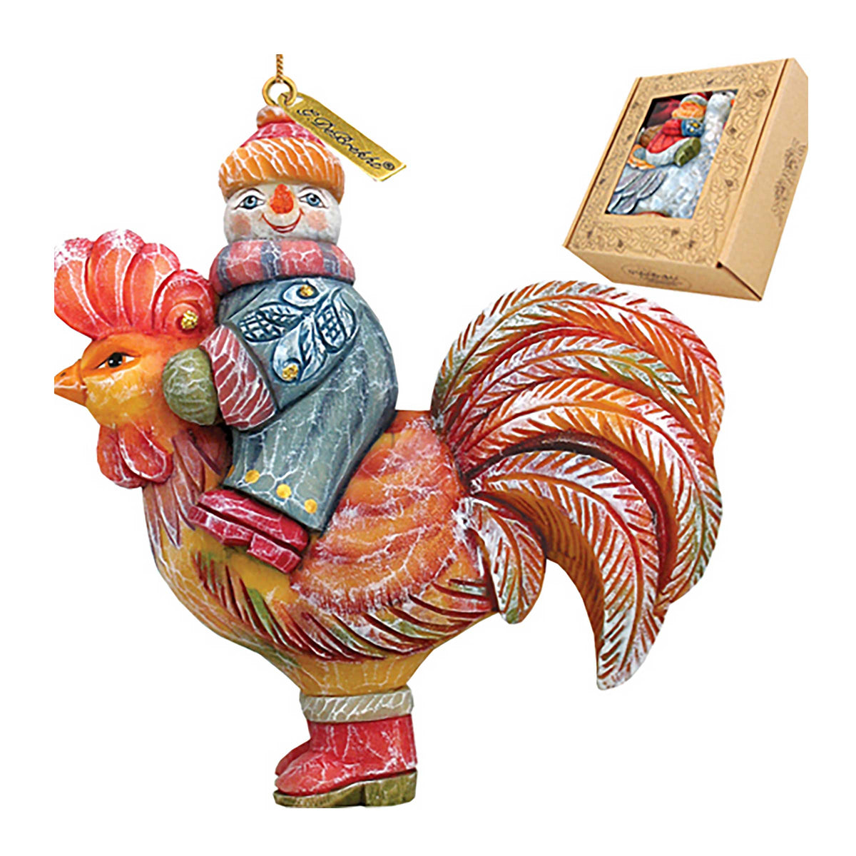 Snowman Riding Rooster Sculpted Hand-Painted Christmas Ornament by G. DeBrekht - Christmas Santa Snowman Decor - 63134