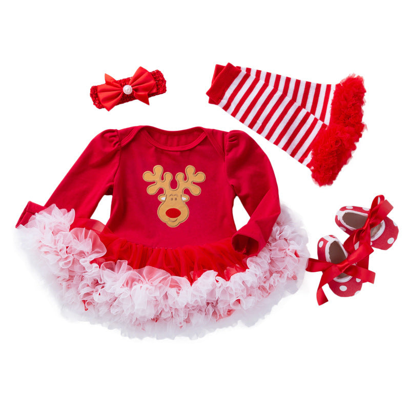 Baby Christmas Long-sleeve Cartoon Romper Dress Red Tulle One-piece Outfit Four-piece Set