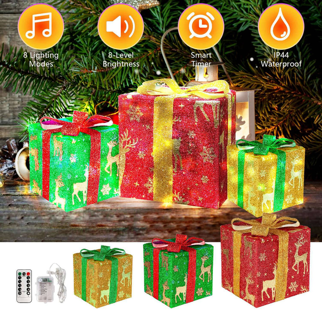 Set of 3 Christmas Lighted Gift Boxes Xmas Present Ornament 50 LED Christmas Box Decorations with Ribbon Bows IP44 Waterproof Battery Powered for Indo
