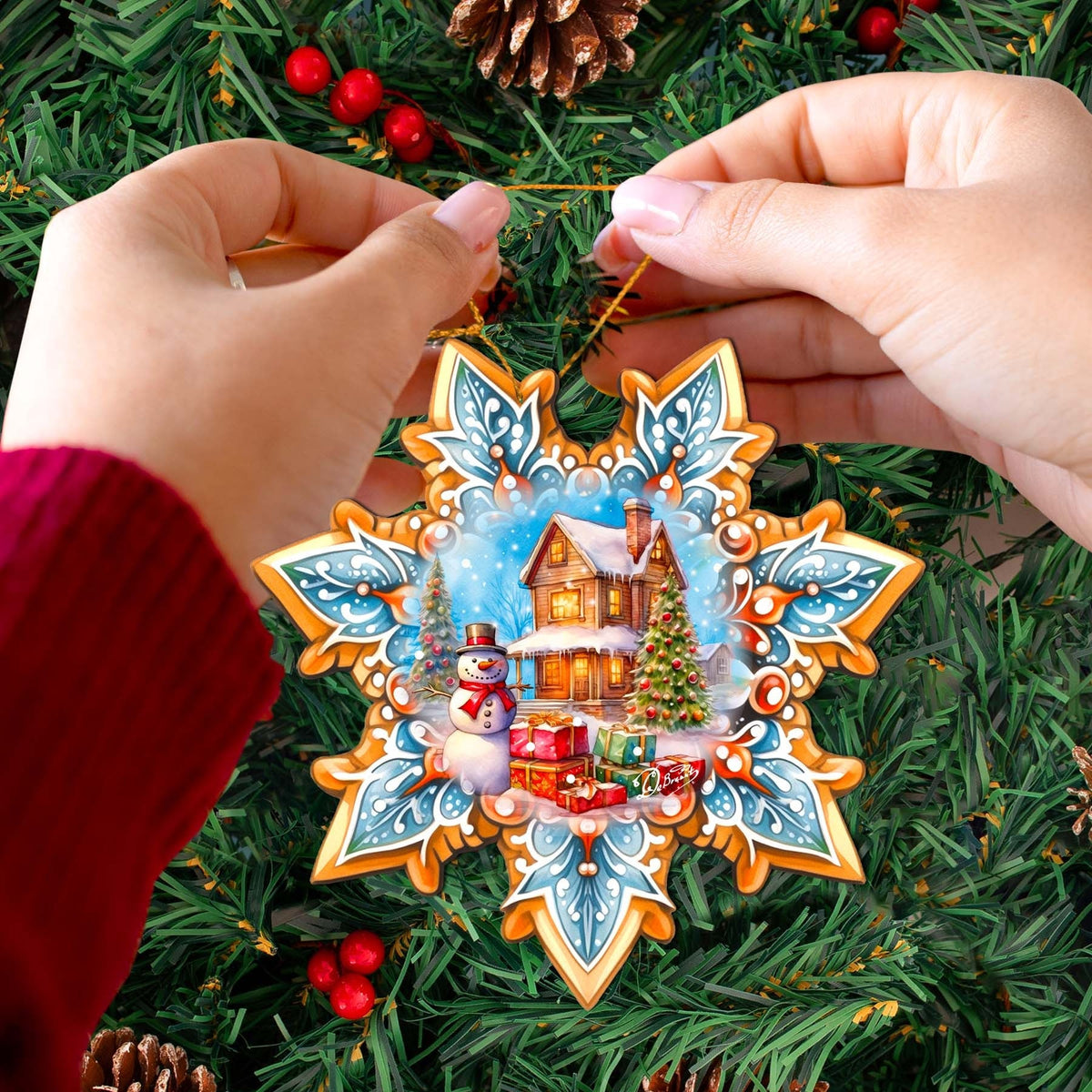 Snowman's Gifts Snowflake Wooden Ornaments by G. Debrekht - Christmas Santa Snowman Decor - 8688404
