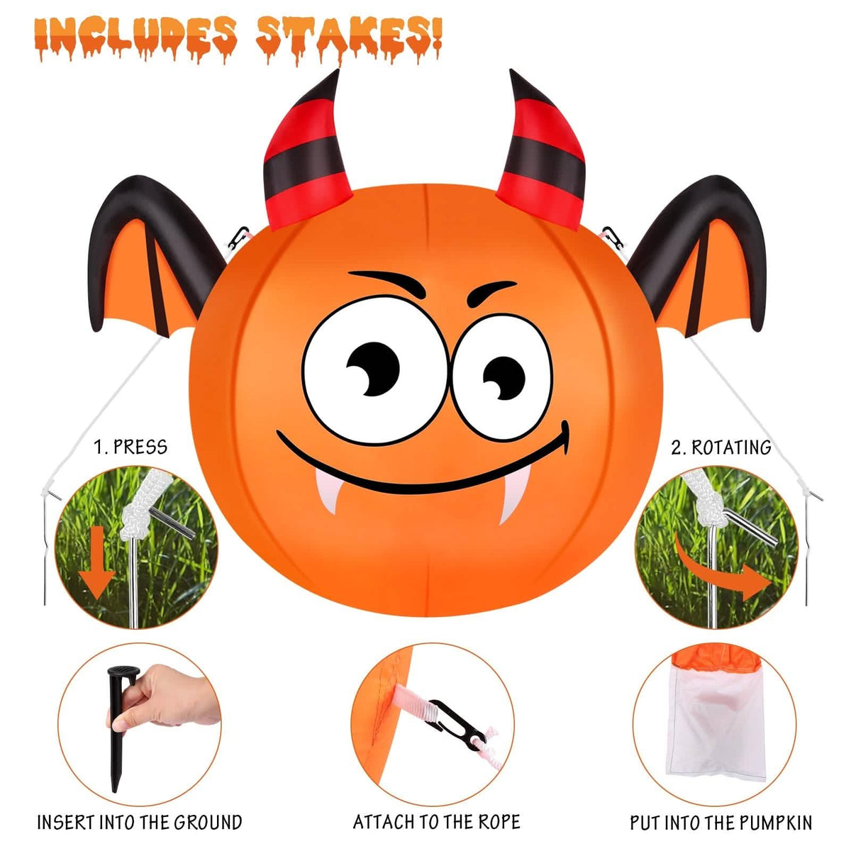 CAMAULAN 4FT Halloween Pumpkin Outdoor Decoration with a Bat