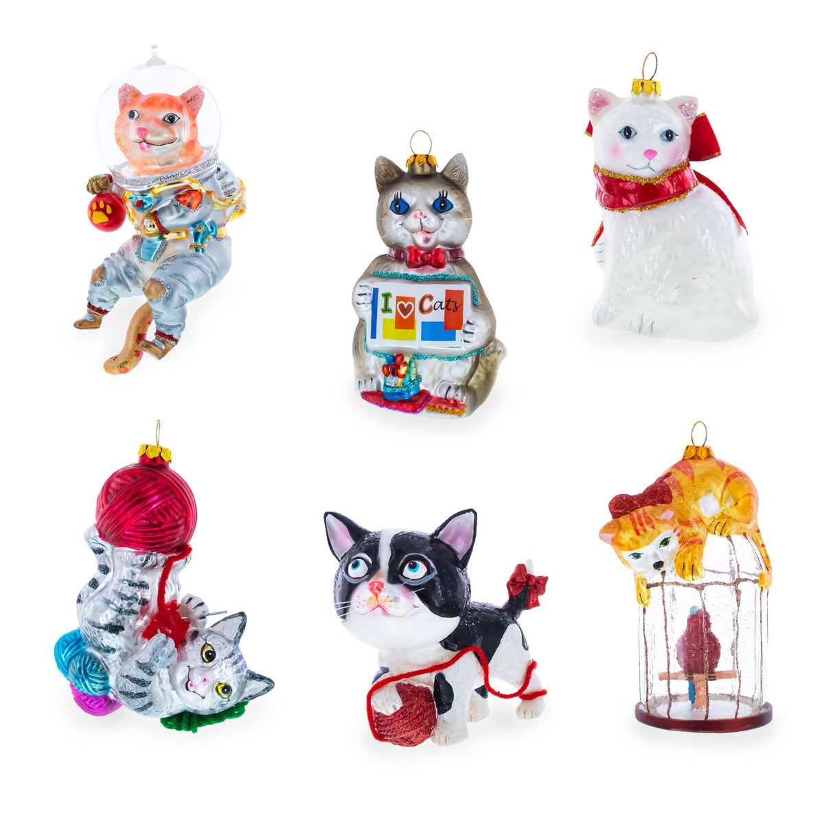 Cat in Black Costume Holding Fish Glass Christmas Ornament