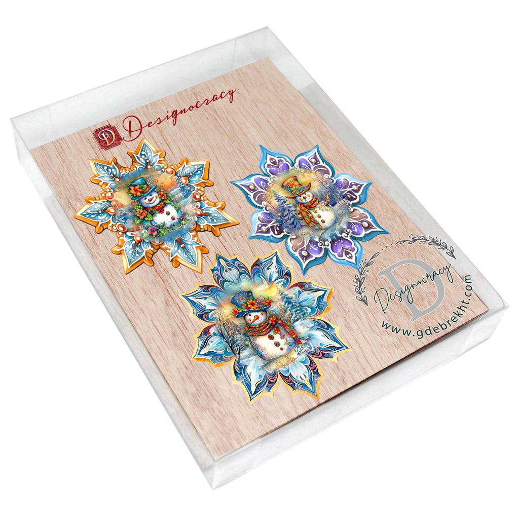 Happy Snowman Snowflake Eco Wood Ornaments Set of 3 by G. Debrekht - Christmas Decor - 8090149-S3