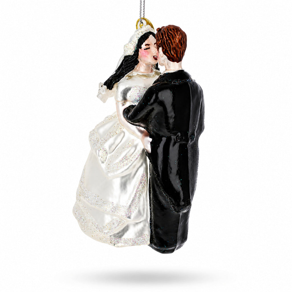 Bride and Groom Wedding Kiss Glass Christmas Ornament