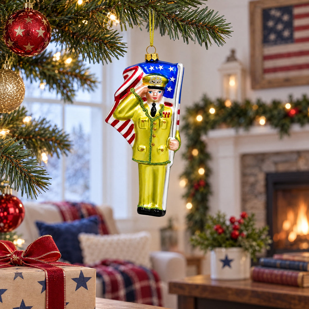 Patriotic Soldier with American Flag Glass Christmas Ornament