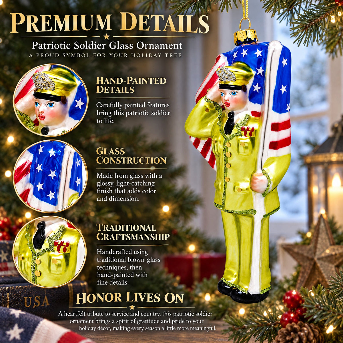 Patriotic Soldier with American Flag Glass Christmas Ornament