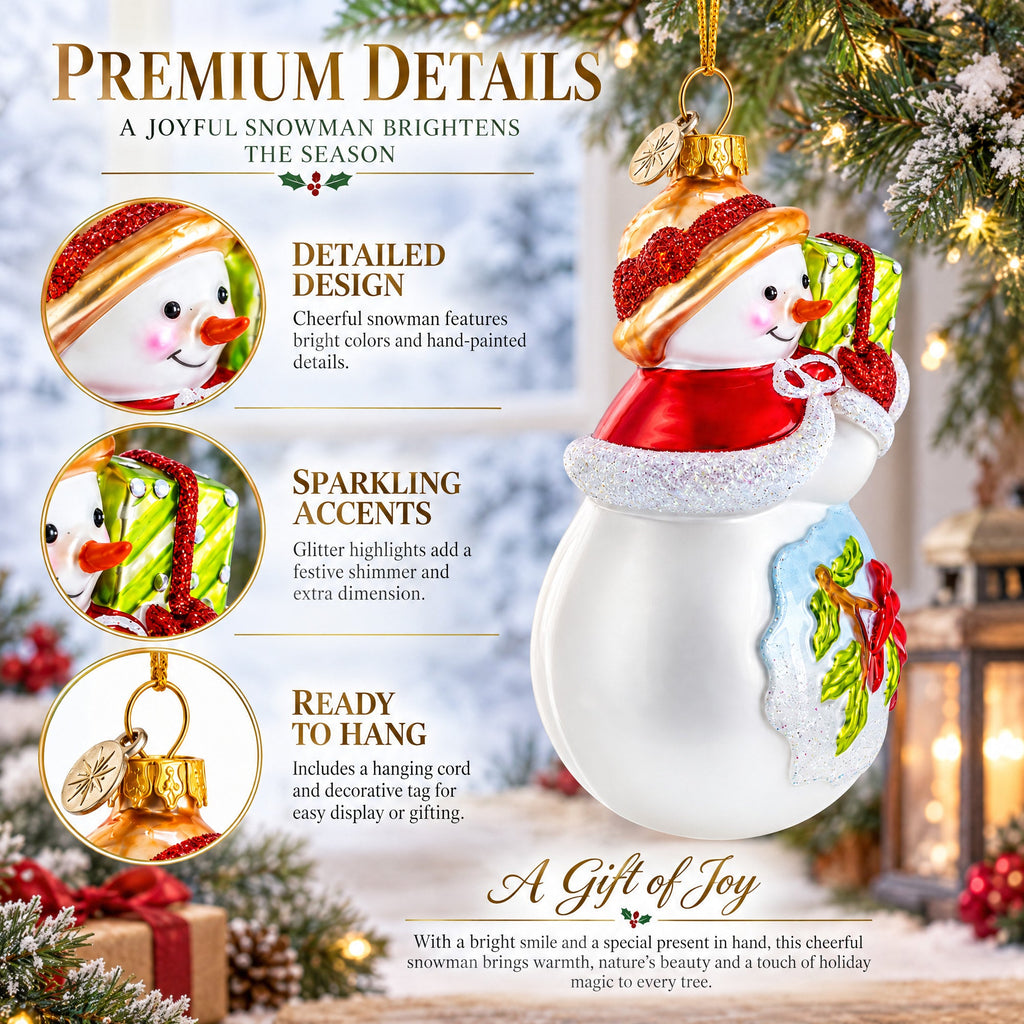 Snowman with Red Cardinals Holding a Gift Glass Christmas Ornament