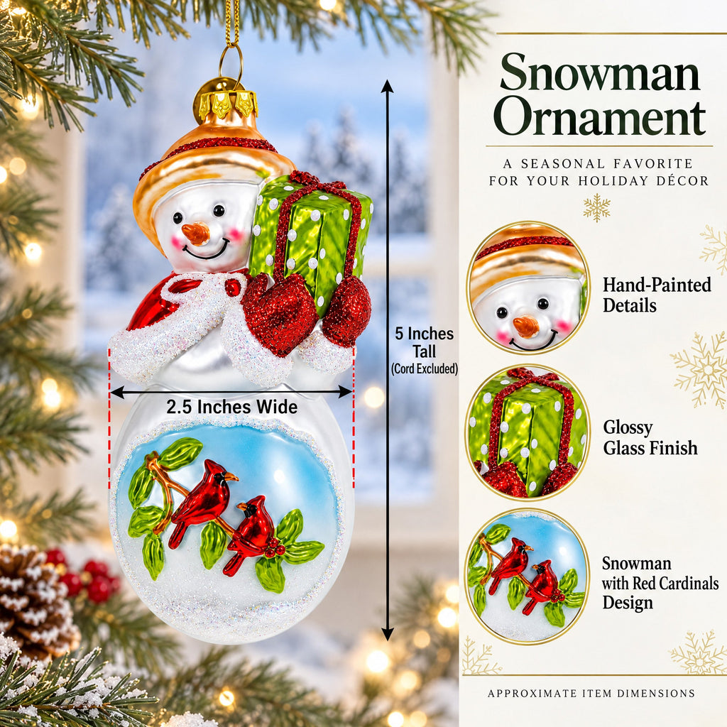 Snowman with Red Cardinals Holding a Gift Glass Christmas Ornament