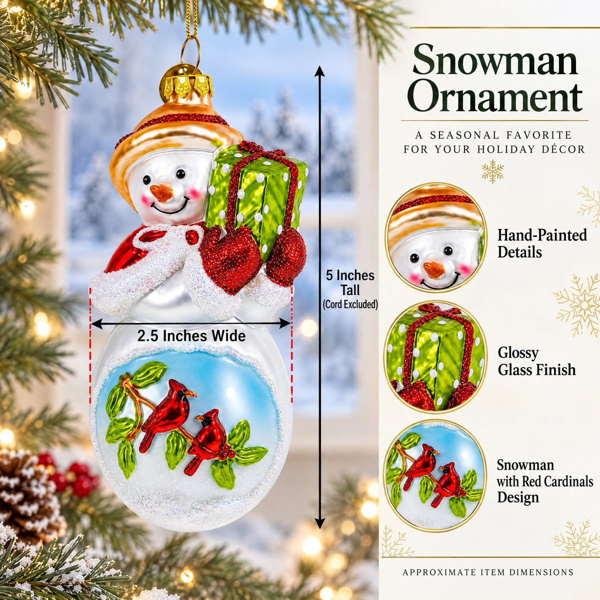 Snowman with Red Cardinals Holding a Gift Glass Christmas Ornament