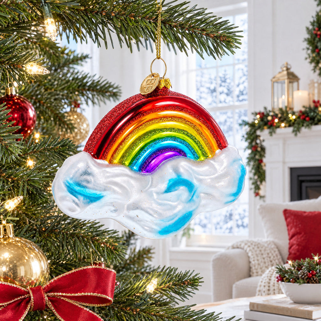 Rainbow Over Clouds Glass Christmas Ornament