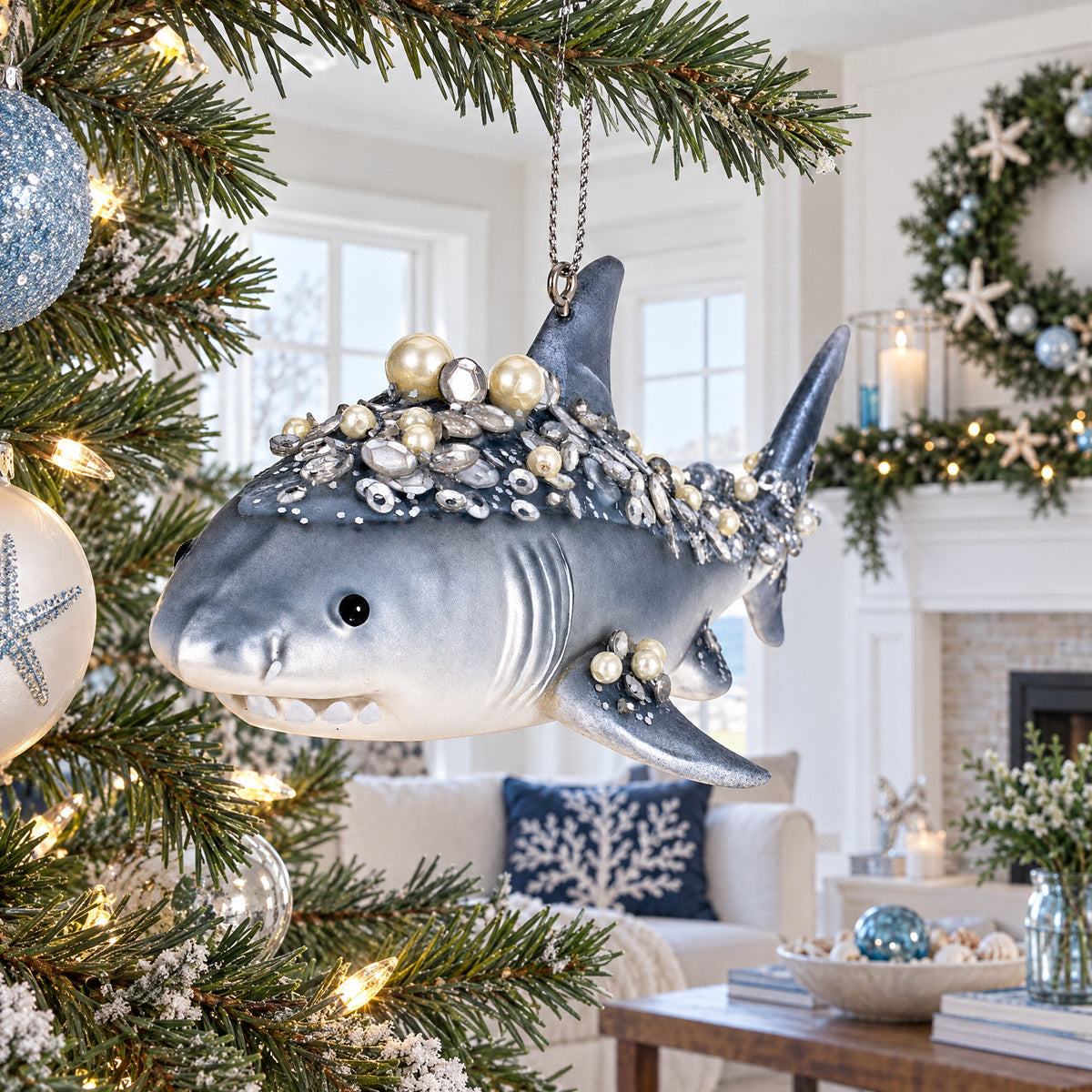 Beaded Shark Glass Christmas Ornament