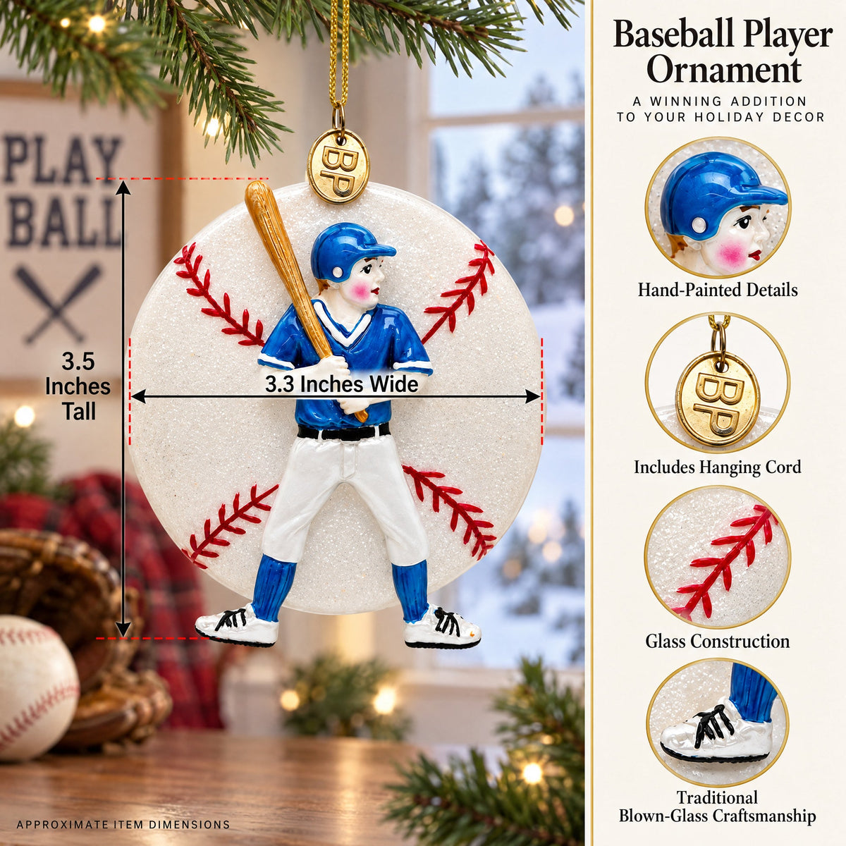 Baseball Player Glass Christmas Ornament