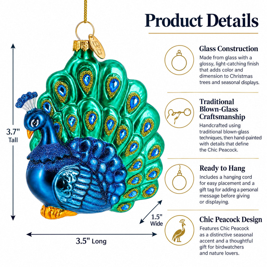 Chic Peacock Glass Christmas Ornament