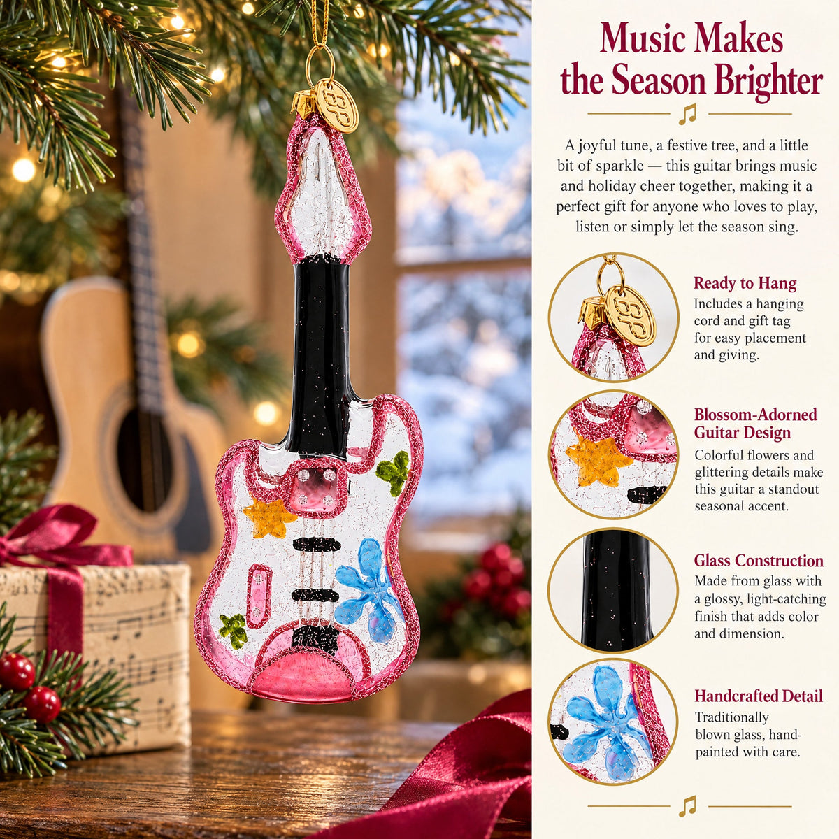 Blossom-Adorned Guitar Glass Christmas Ornament