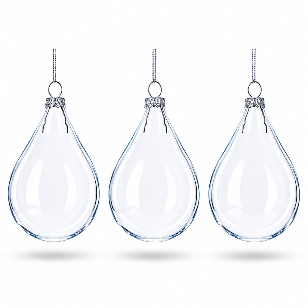 Set of 3 Water Drop Clear Glass Ornament 4.5 Inches