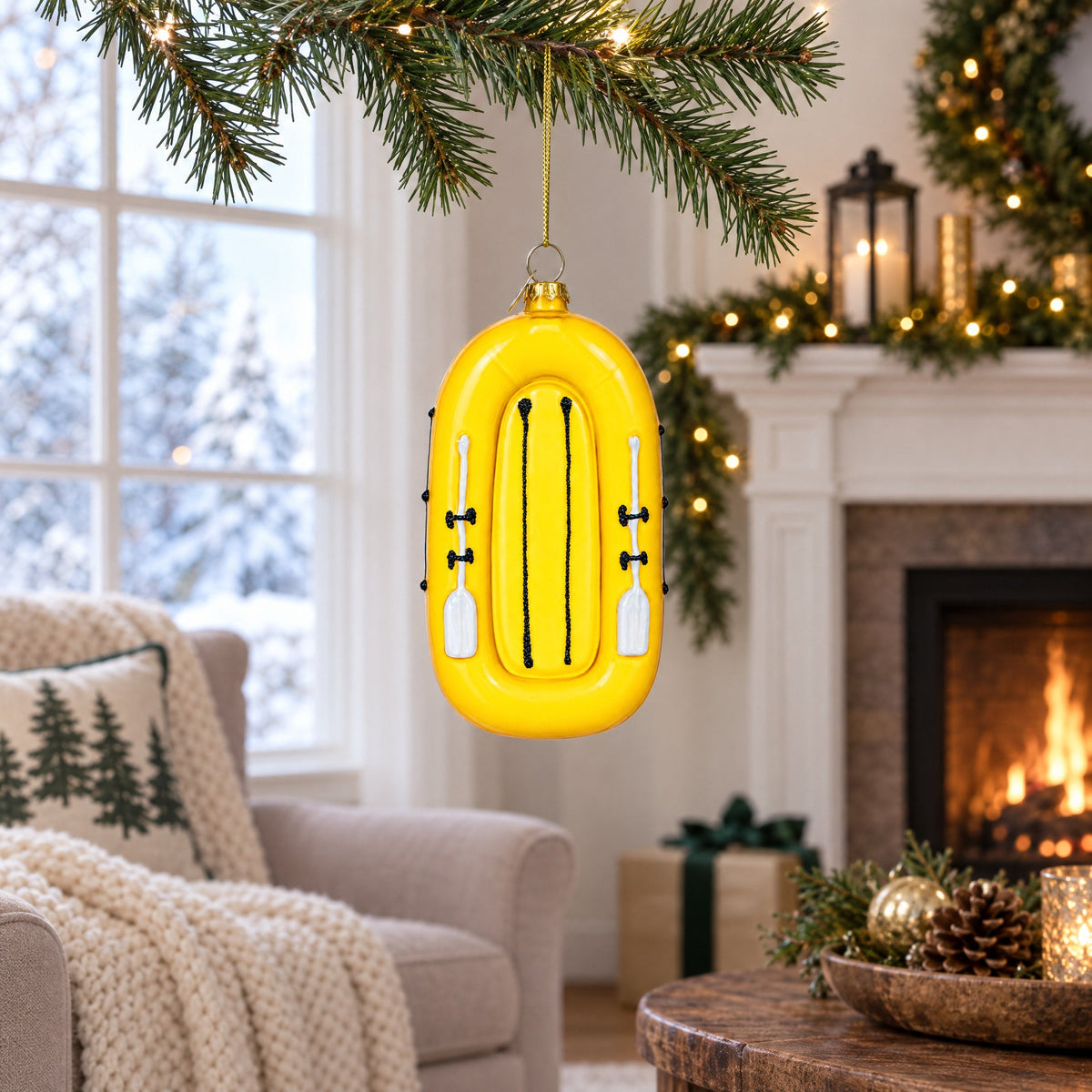Yellow Rubber Boat Glass Christmas Ornament