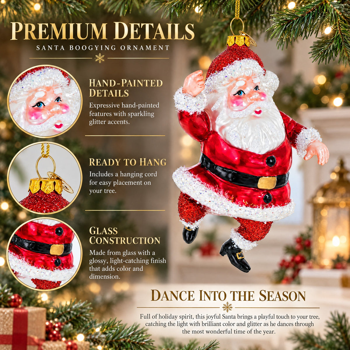 Santa Boogying in Festive Red Attire Glass Christmas Ornament