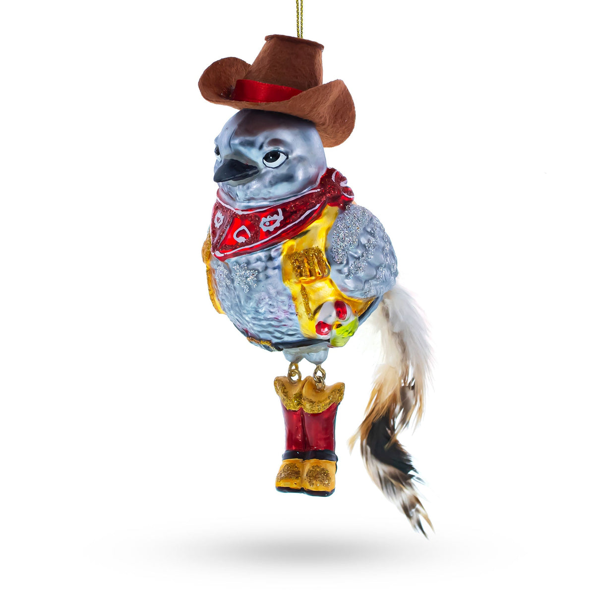 Western Theme Cowboy Bird in Bandana Glass Christmas Ornament