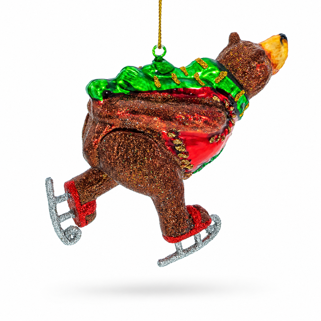 Skating Bear Glass Christmas Ornament