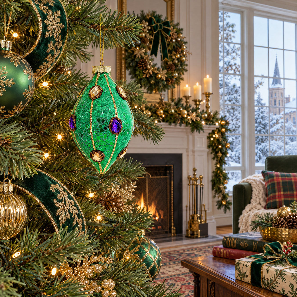 Jeweled Green Rhombus -Glass Christmas Ornament