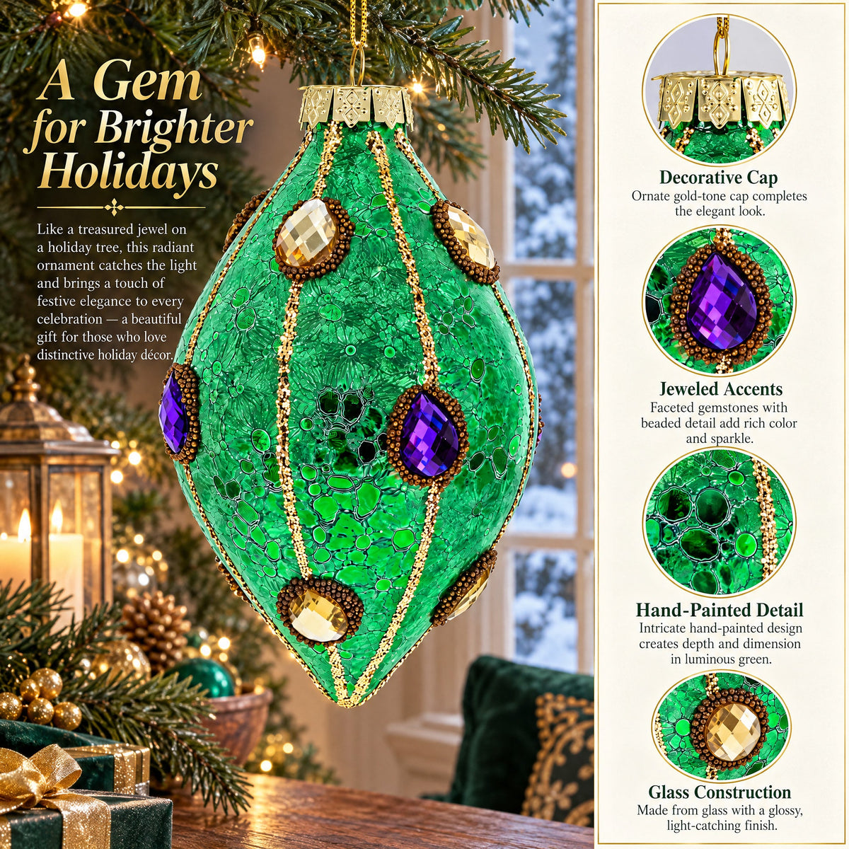 Jeweled Green Rhombus -Glass Christmas Ornament