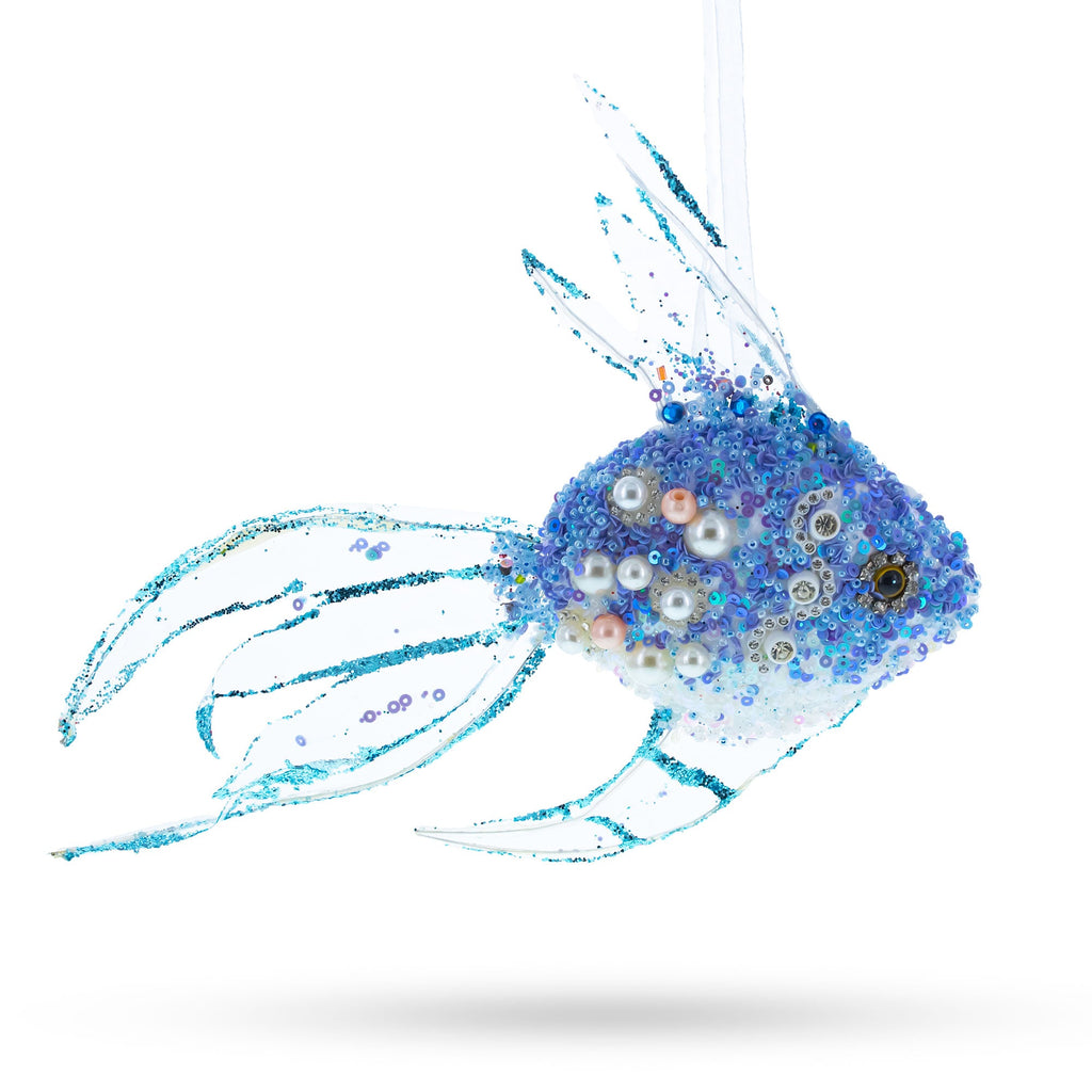 Beaded Blue Coral Reef Fish Glass Christmas Ornament