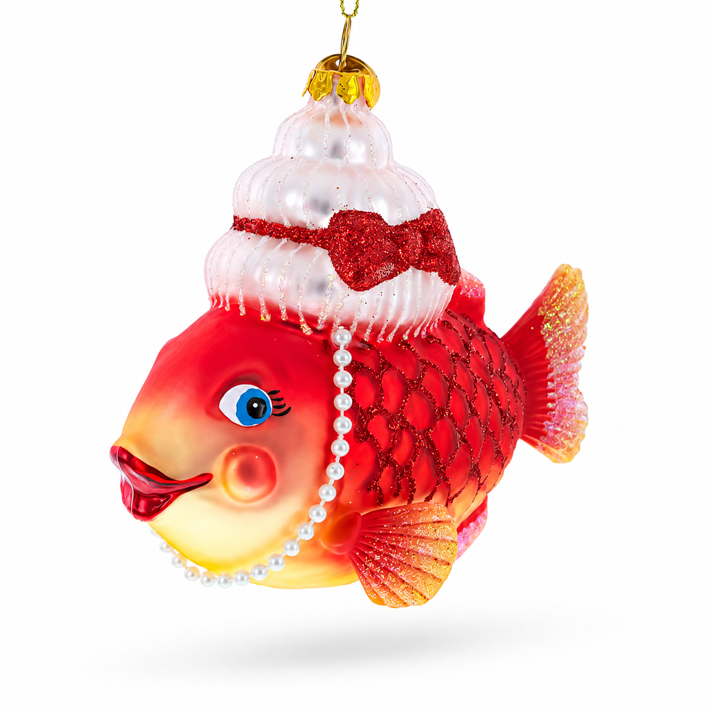 Grandma Fish in Santa Hat Glass Christmas Ornament