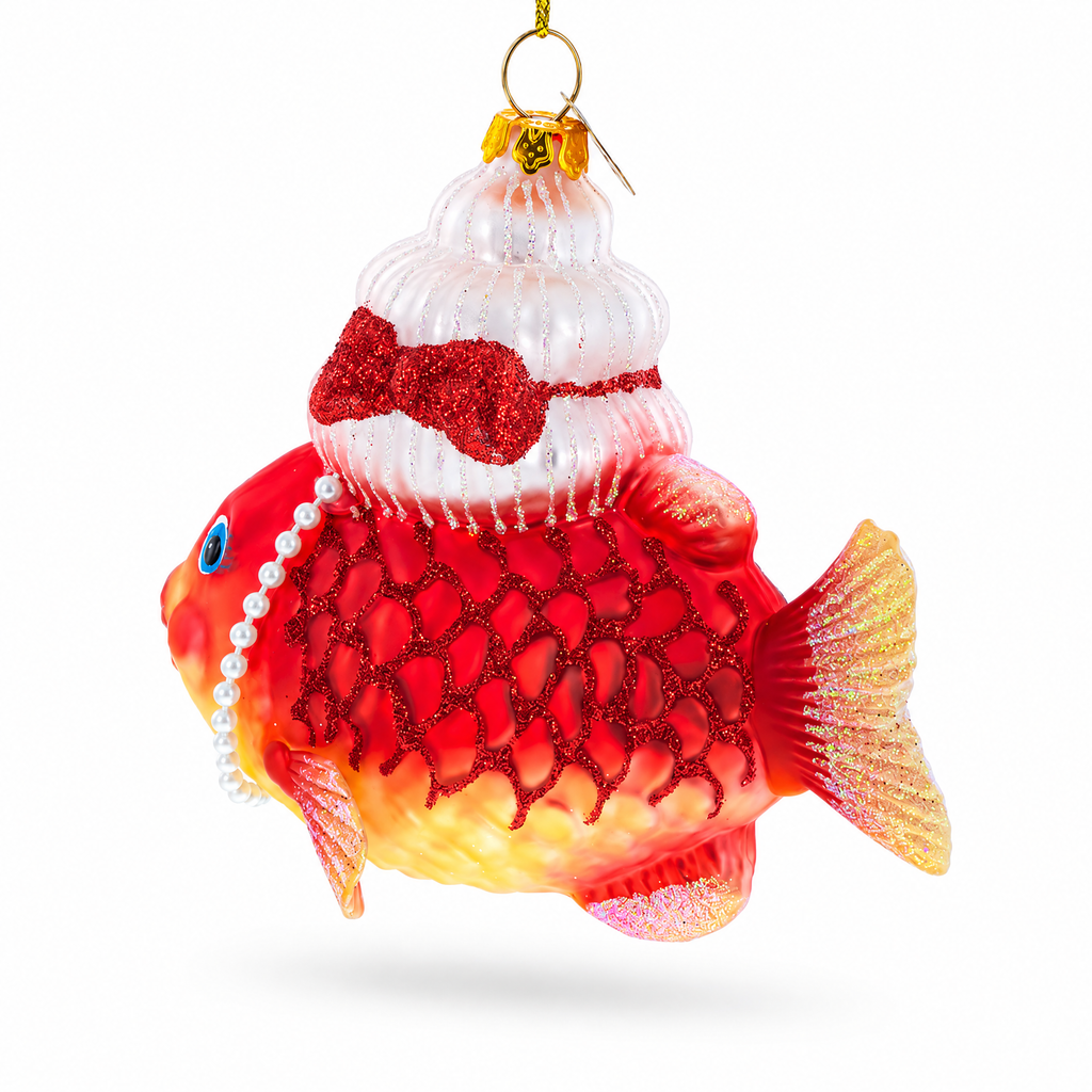 Grandma Fish in Santa Hat Glass Christmas Ornament