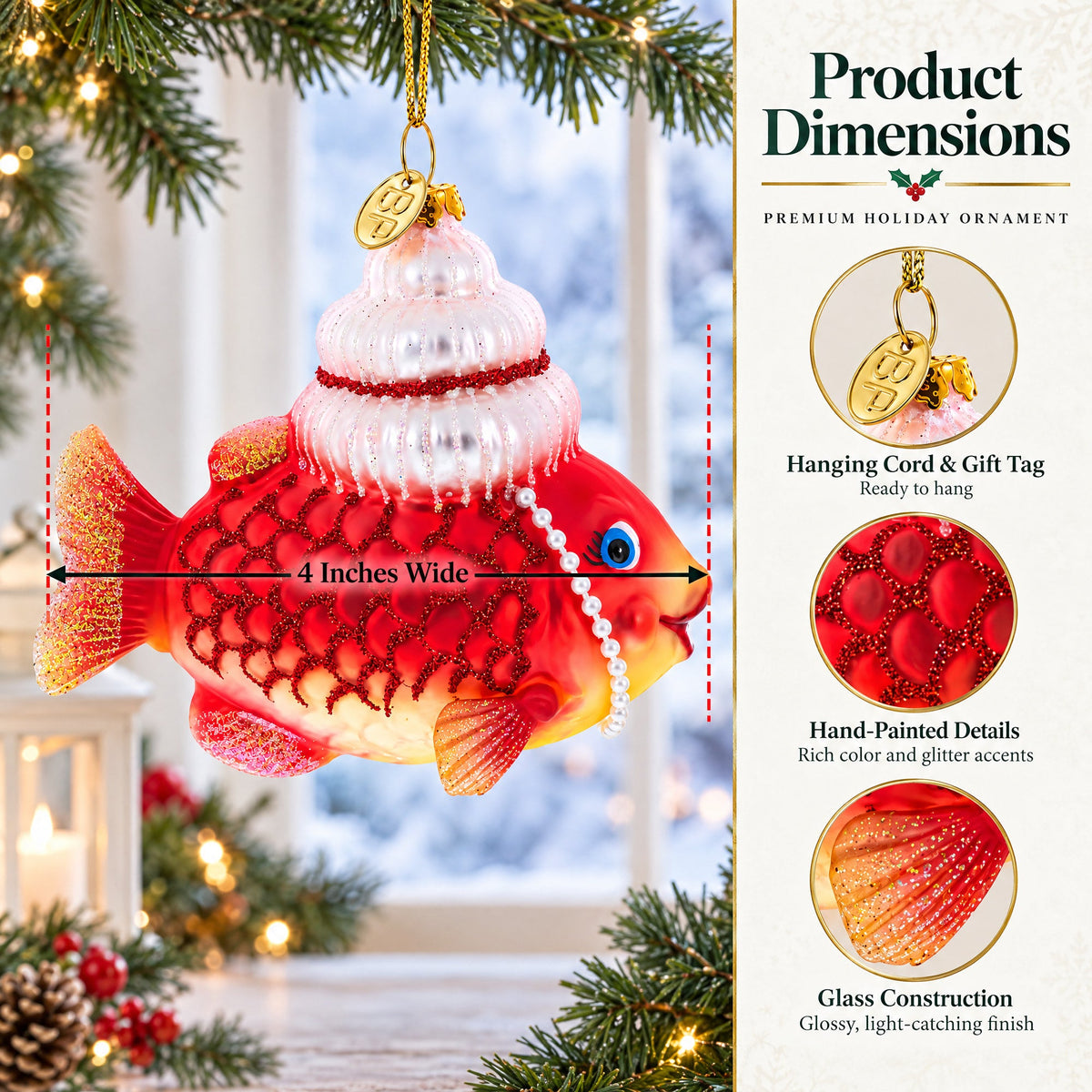 Grandma Fish in Santa Hat Glass Christmas Ornament