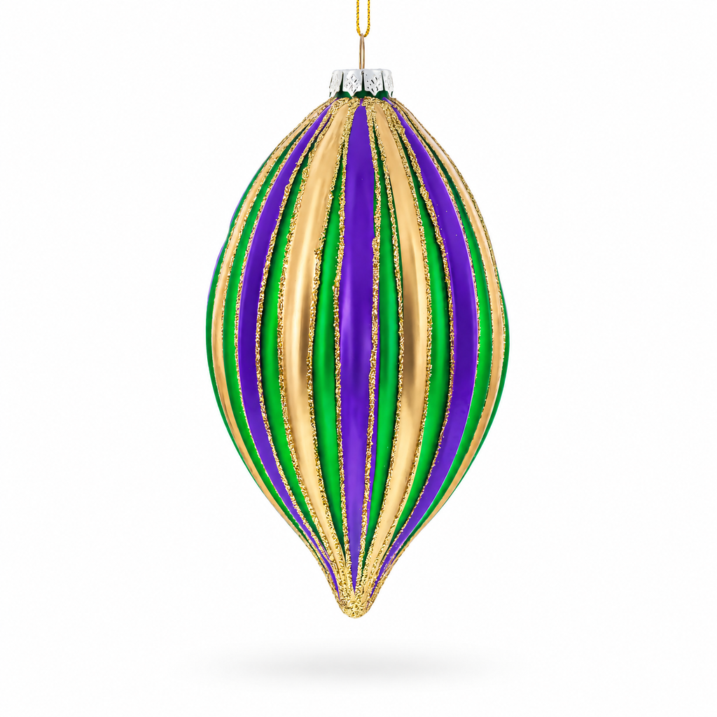 Striped Purple, Green, and Gold Teardrop Finial Glass Christmas Ornament