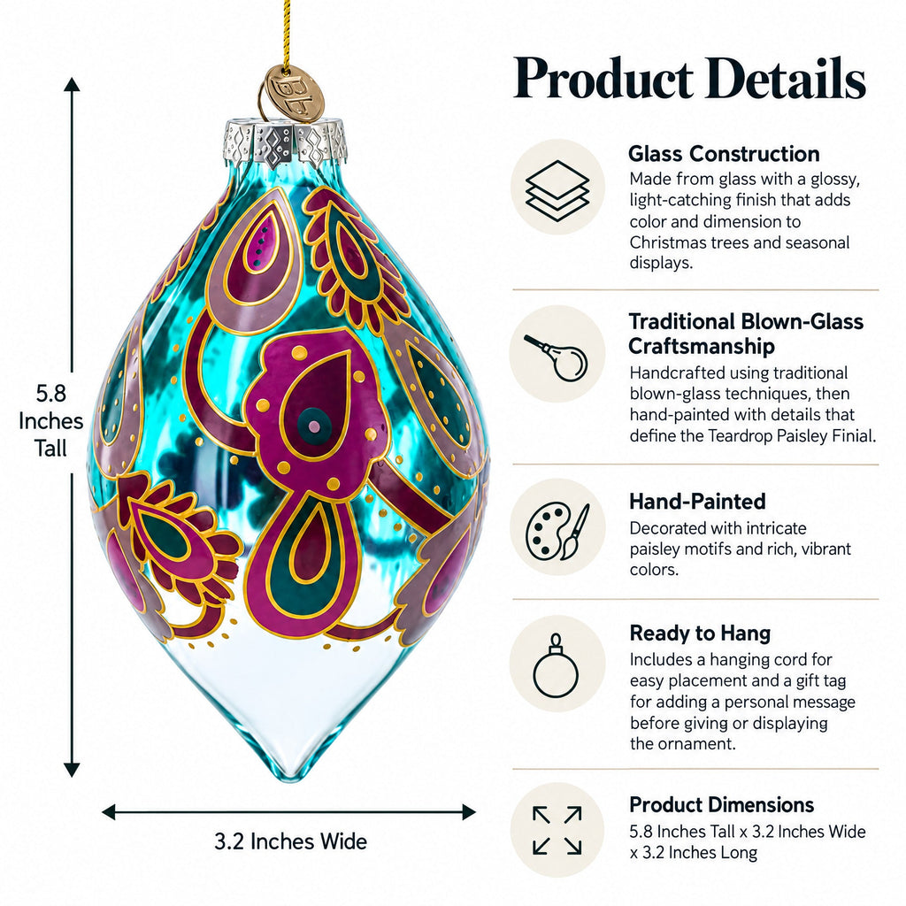 Teardrop Paisley Finial Glass Christmas Ornament