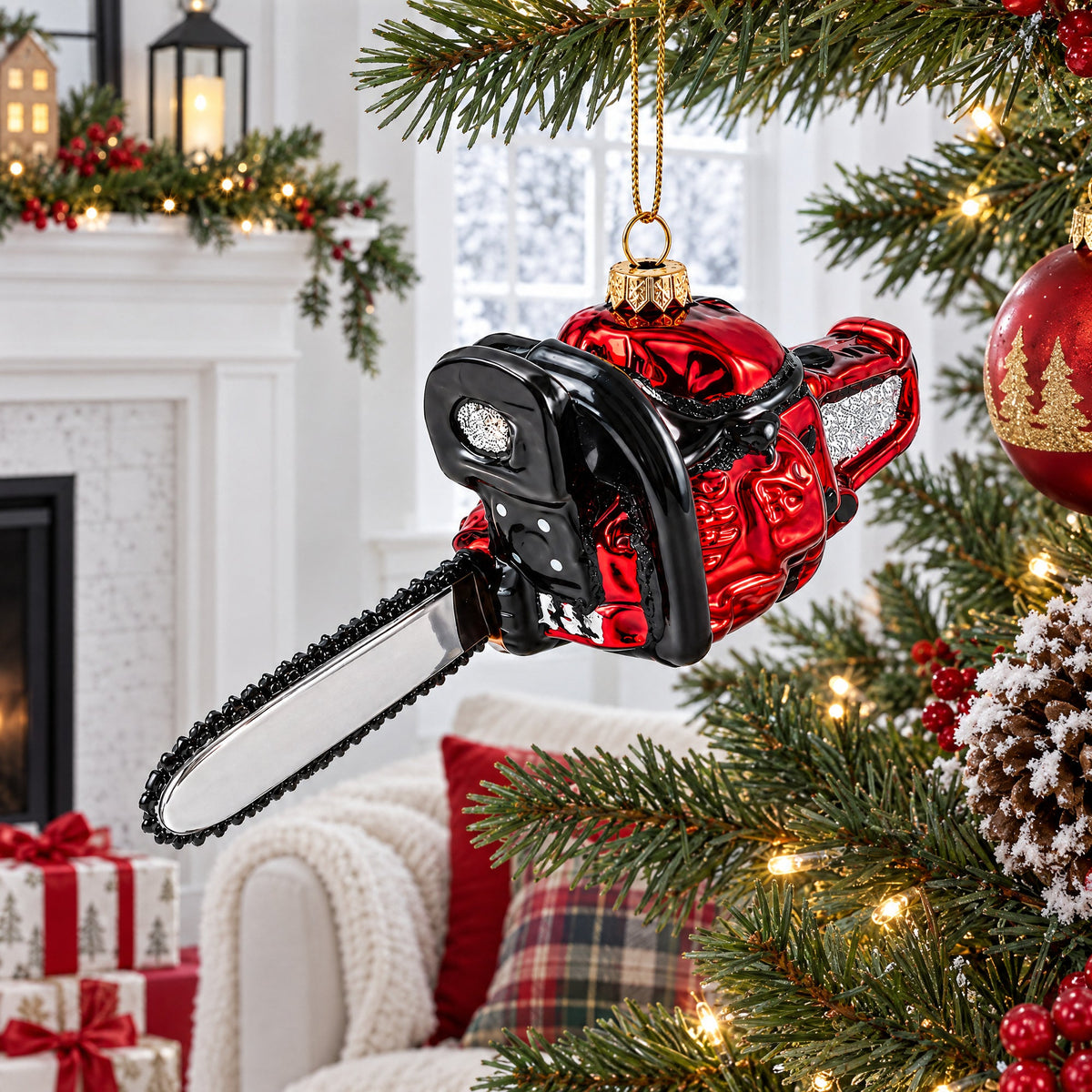 Rustic Chainsaw Glass Christmas Ornament