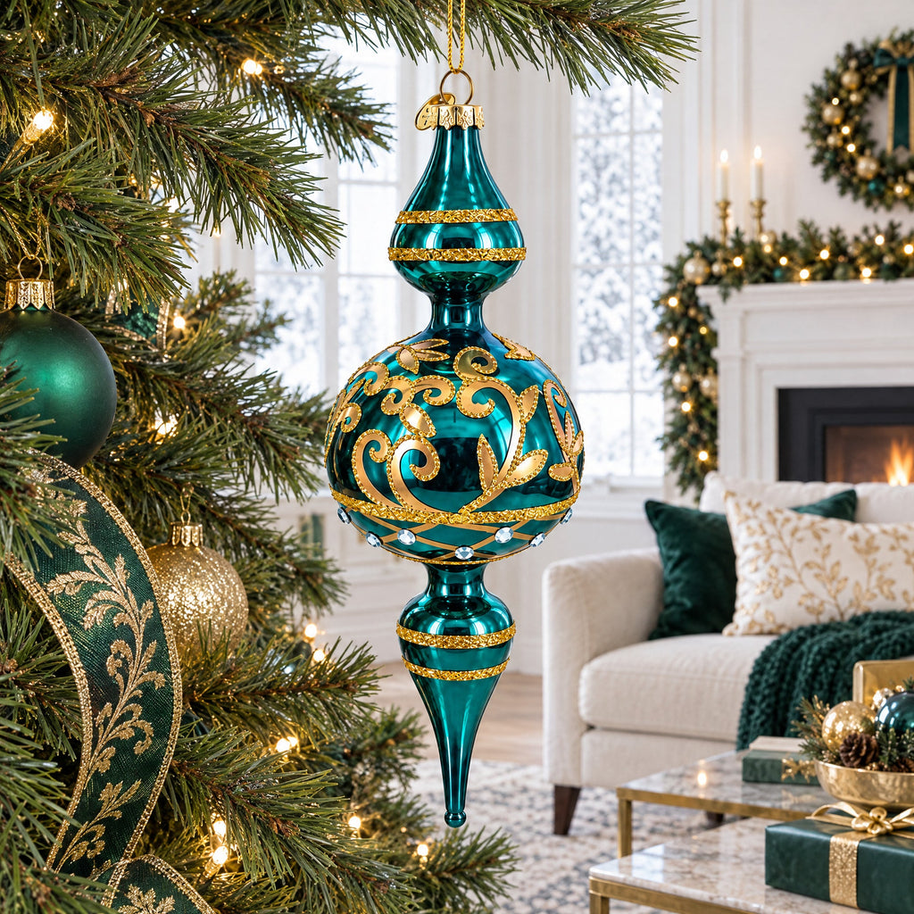 Regal Green Scroll Finial Glass Christmas Ornament