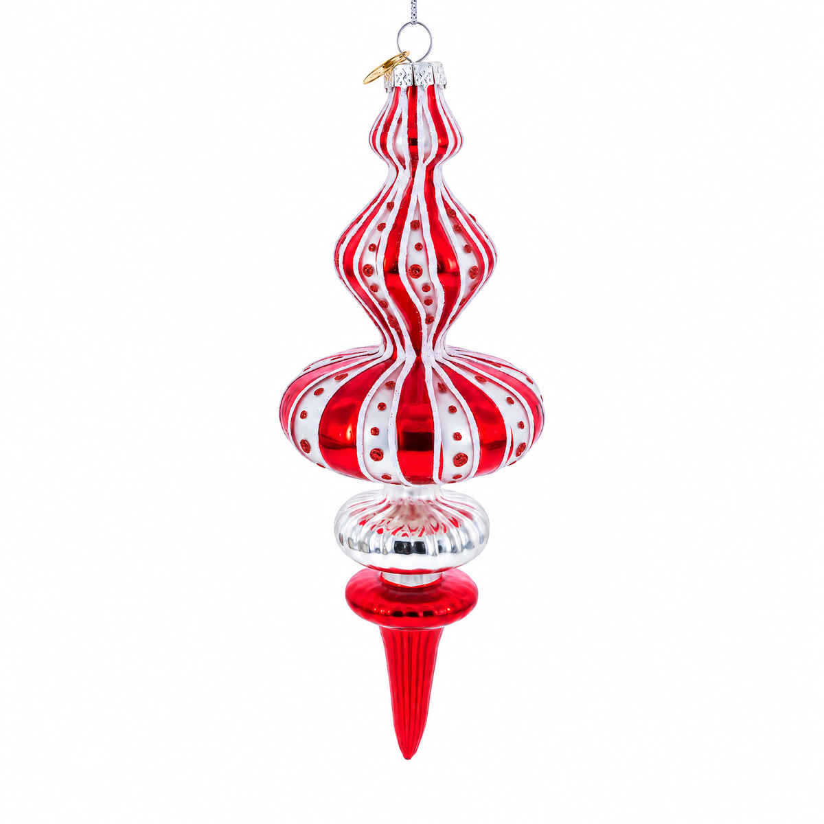 Red and White Striped Swirl Finial Glass Finial Christmas Ornament