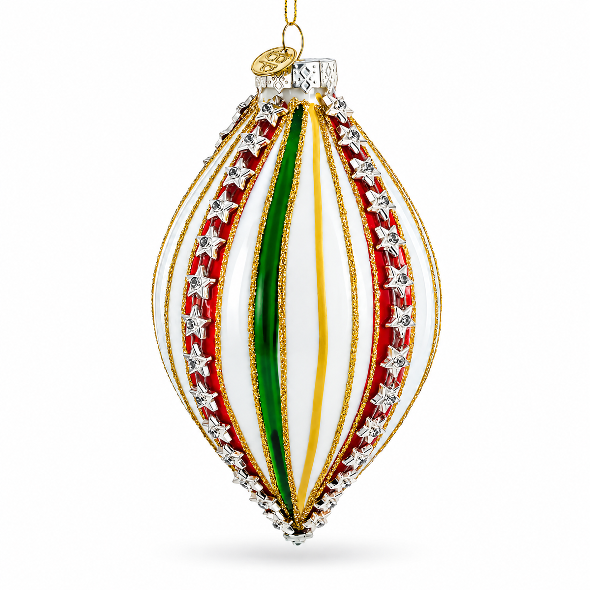 Striped White and Green Teardrop Finial Glass Christmas Ornament