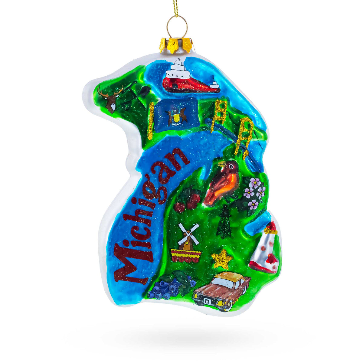 Michigan State Map with Landmarks Glass Christmas Ornament