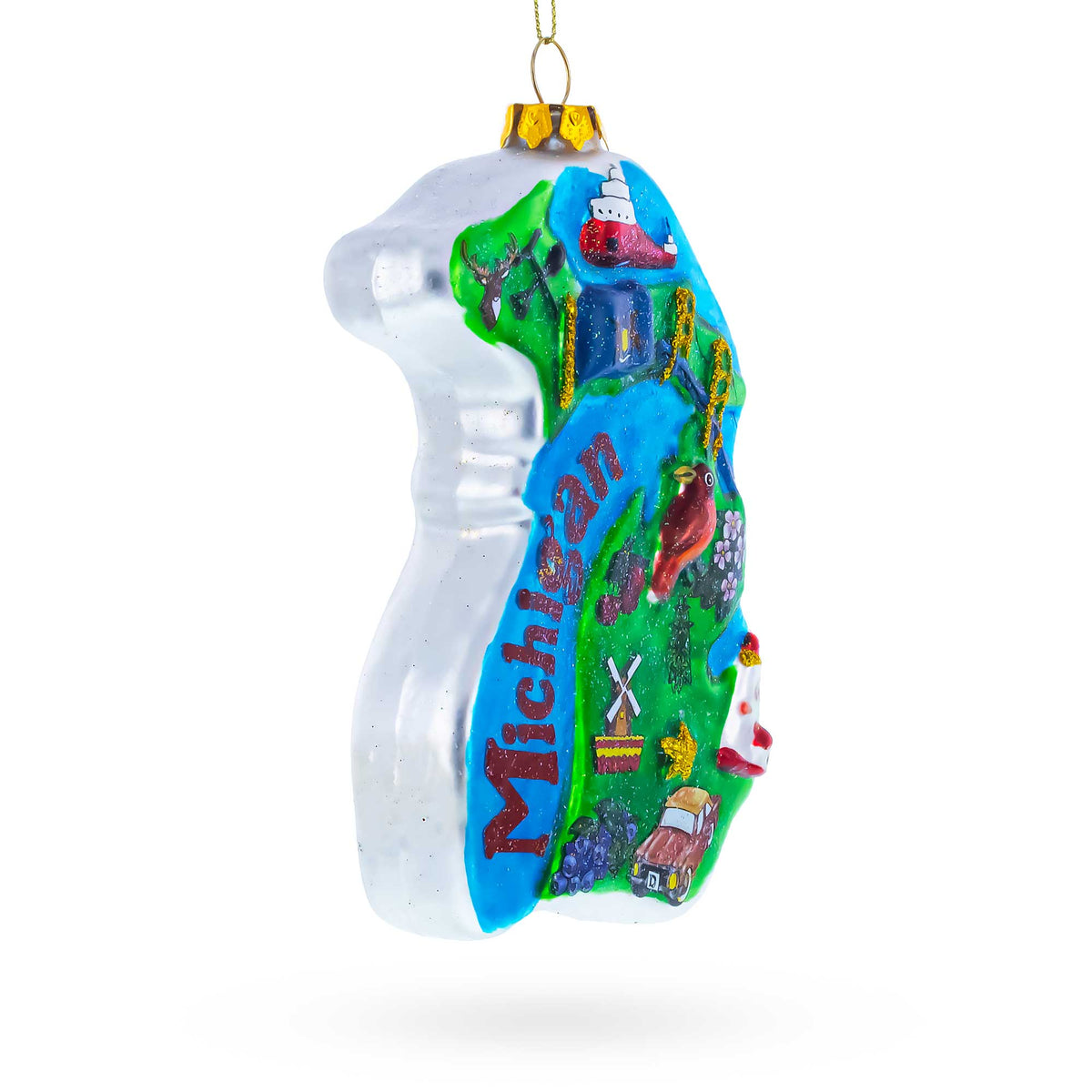 Michigan State Map with Landmarks Glass Christmas Ornament